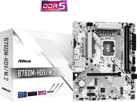 ASROCK MB B760M-HDV/M.2B760, LGA1700, 2xDDR5, 2xM.24xSATA,RAID,HDMI,DP,VGA,MicroATX, White