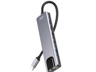 Slika XO USB Type-C Multi-hub 6in1 HDMI 4K, 1x USB 3.0, 1x USB 2.0, USB-C, RJ45, 2x PD